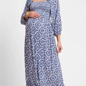 Seraphine Blue Printed Empire-Waist Maxi Dress